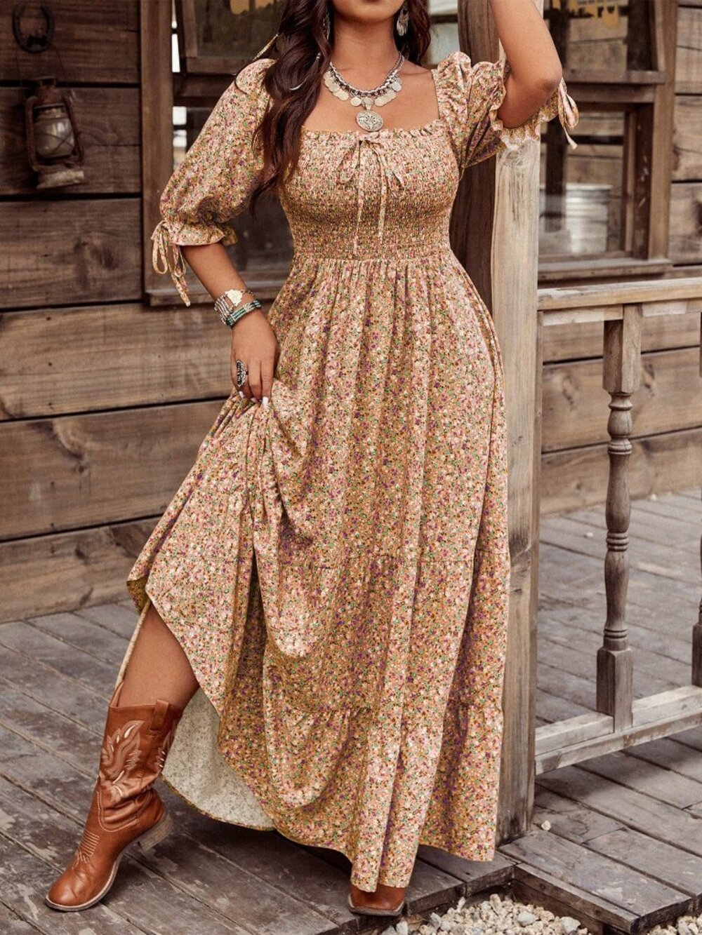 Boho Women's Plus Size Square Neck short sleeve Floral Maxi Dress - Picture 5 of 5